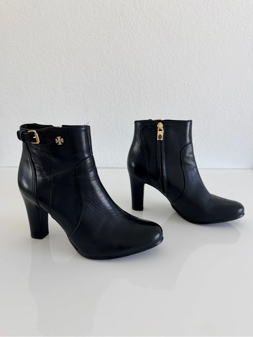 Tory Burch Black Leather Ankle Booties with Gold Hardware